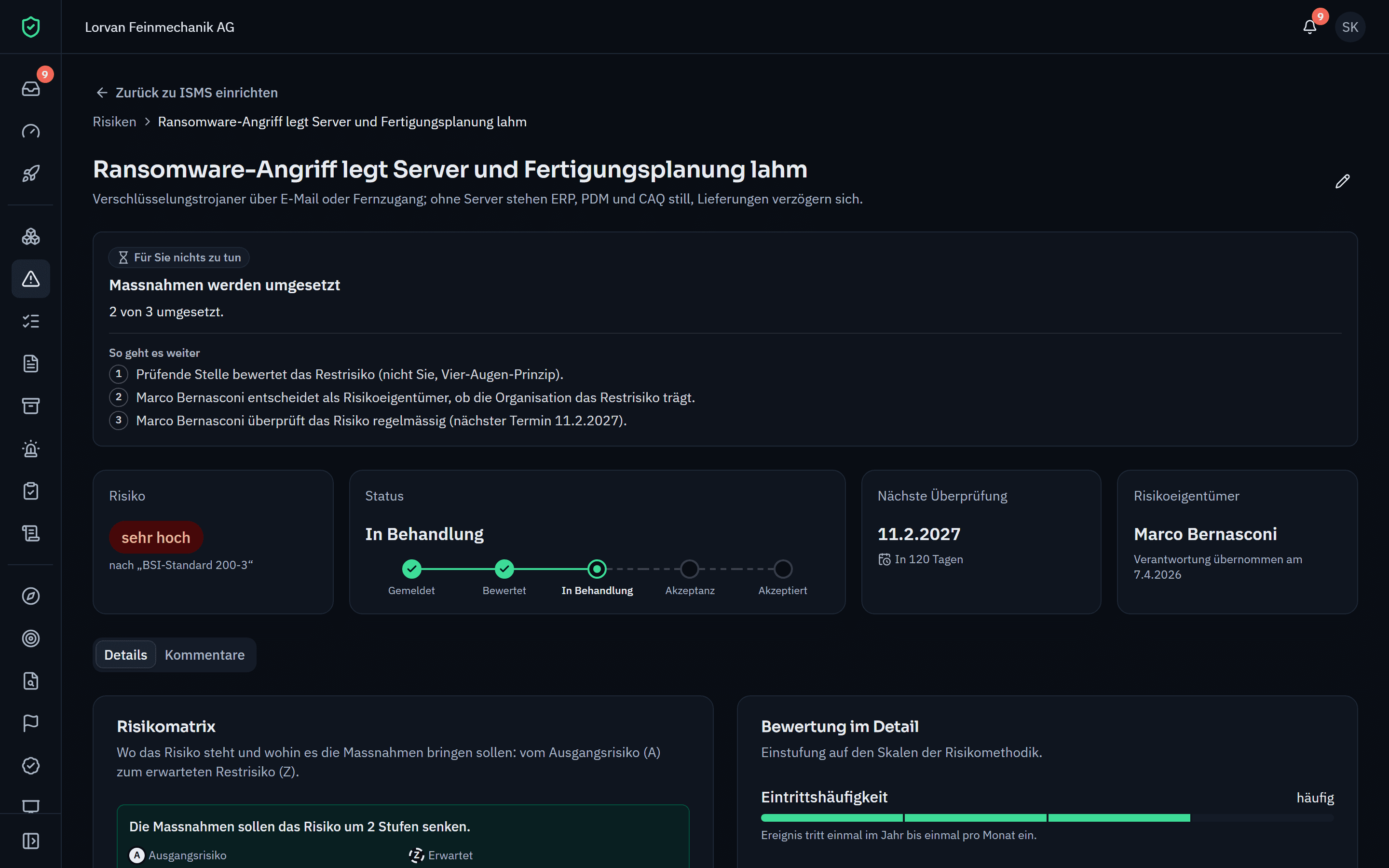 Risiko „Ransomware-Angriff“ mit dem Hinweis „Wie geht es weiter?“, Bewertung in der Risikomatrix, Behandlung und verknüpften Massnahmen.